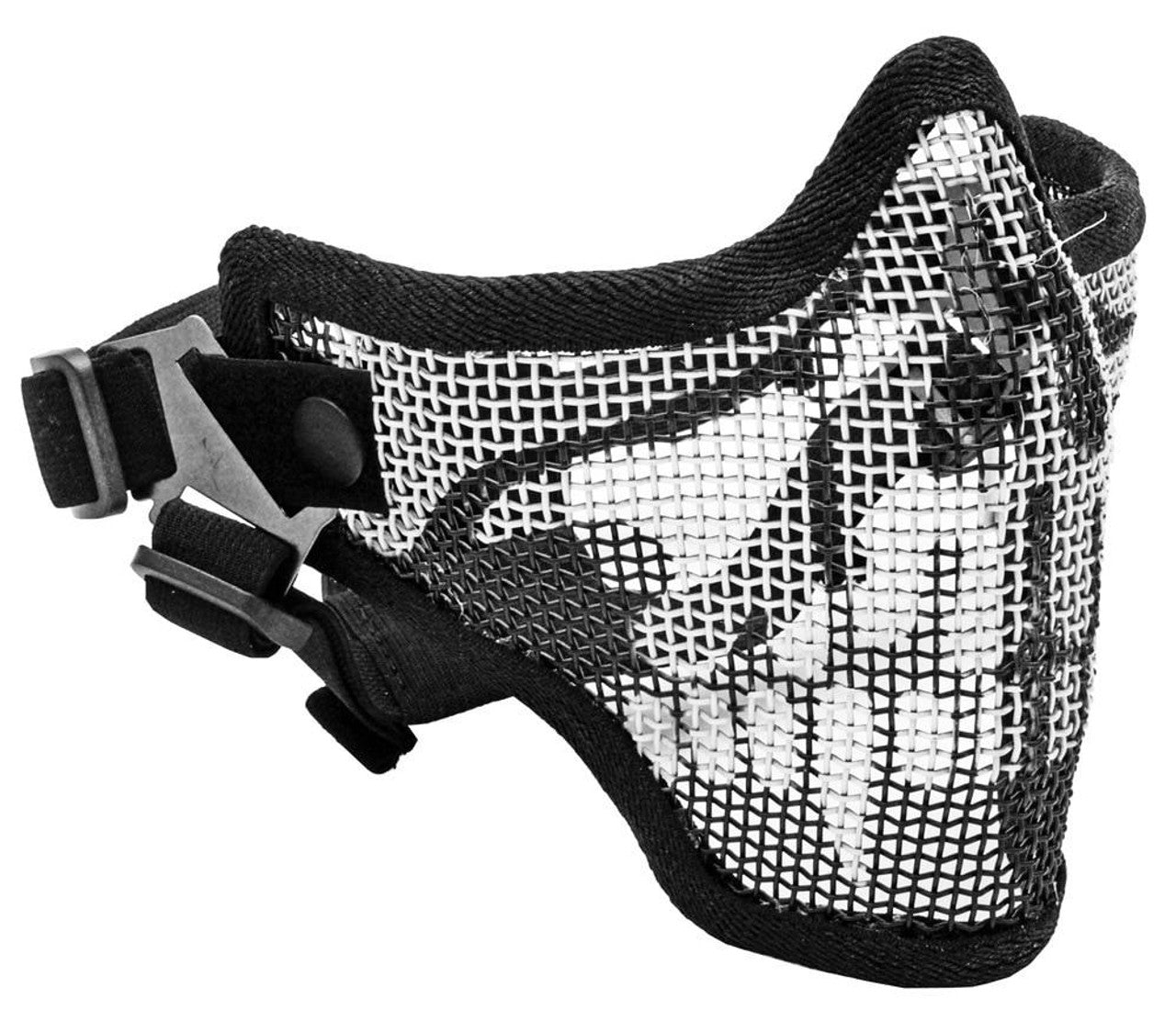 "Black steel mesh half face mask featuring a bold skull design, crafted for durable and lightweight Airsoft protection