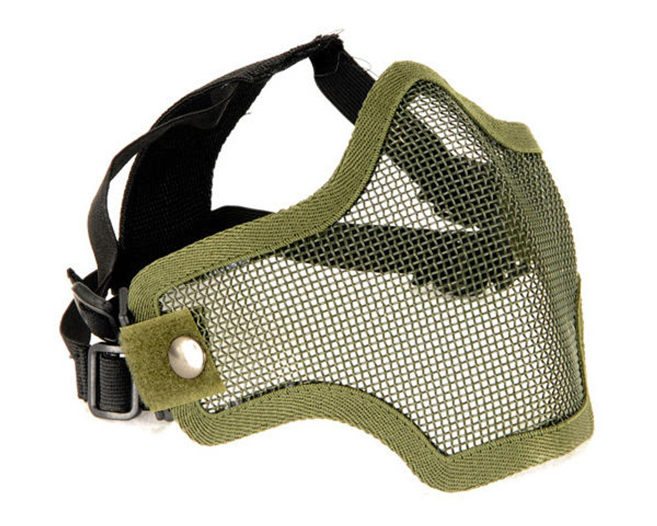 OD Green steel mesh half face mask designed for Airsoft, providing lightweight and durable protection during gameplay.