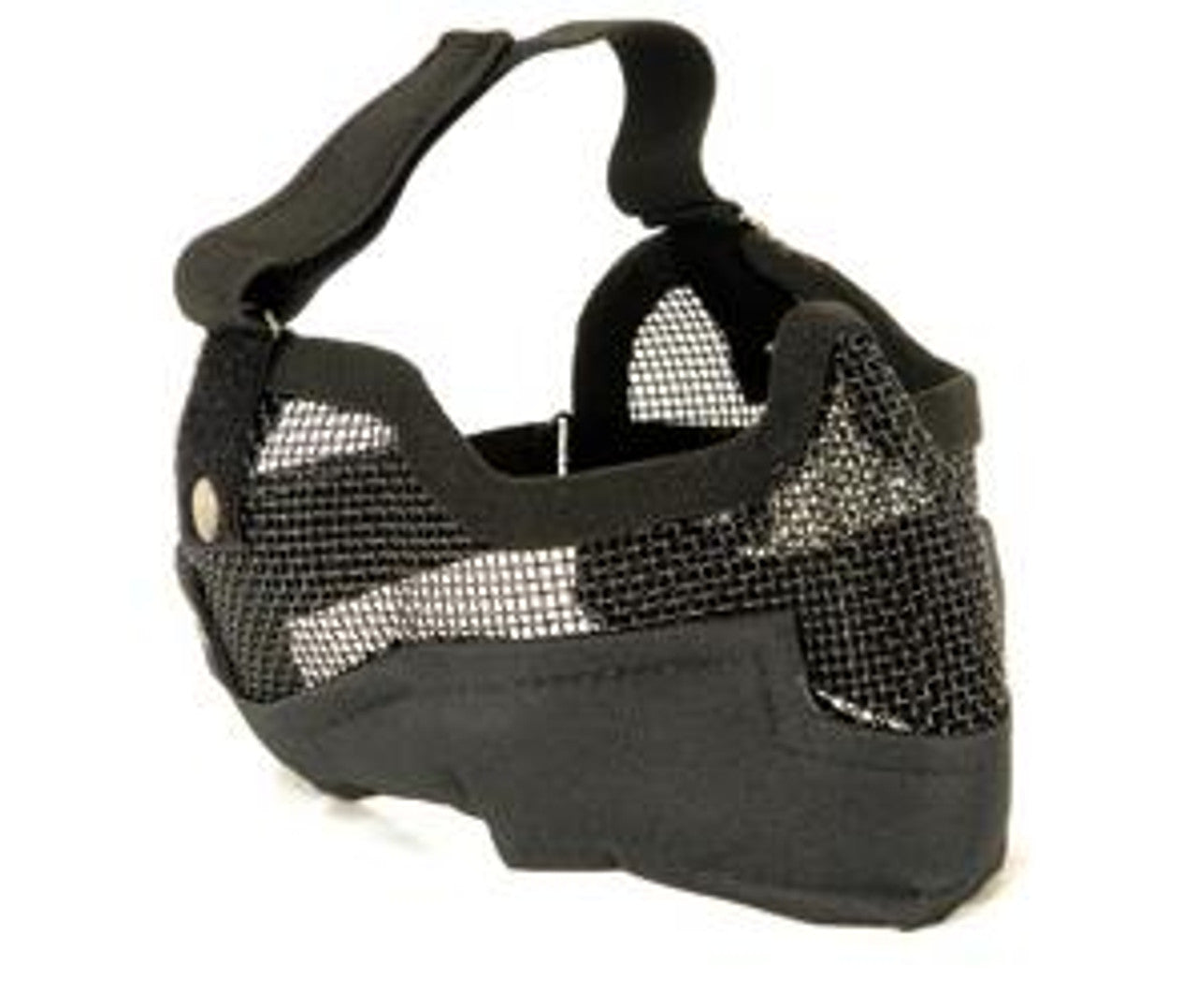 "Black 3G Steel Mesh Half Face Mask featuring durable steel mesh, lightweight design, and ear protection, ideal for airsoft and tactical activities.