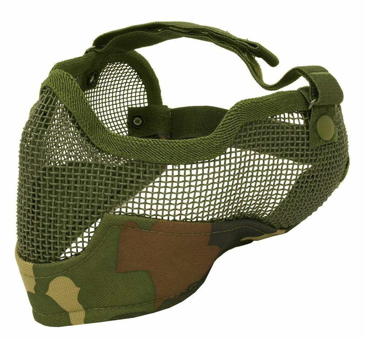 3G Steel Mesh Half Face Mask in camo, featuring breathable steel mesh, padded ear protection, and an adjustable fit for airsoft and paintball games.