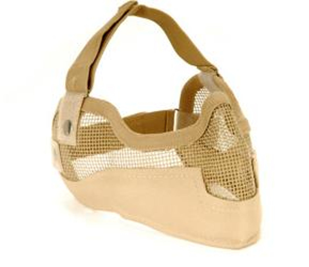 "3G Steel Mesh Half Face Mask in Tan with integrated ear protection for airsoft safety.