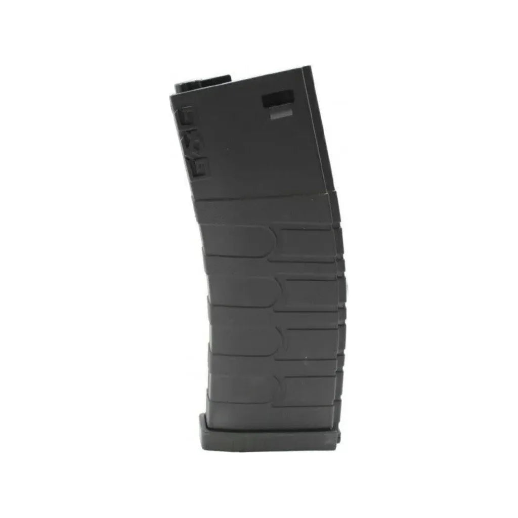 Black G&G 120R Mid-Cap Magazine designed for GR16/M4 AEGs, showcasing durable polymer construction, 120-round capacity, textured grip, and a removable baseplate compatible with Magpul Ranger Plates."