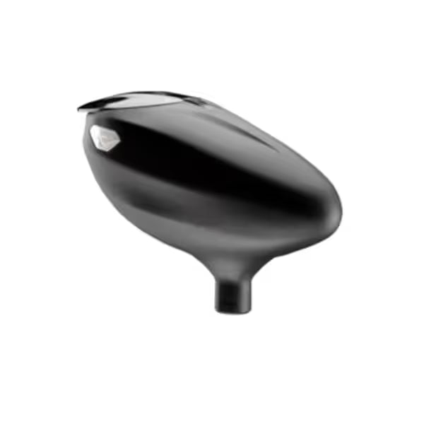 Dye Proto Primo .68 Cal paintball loader in black with 200-round capacity, gravity-fed positive feed shelf design, and spring-loaded clear flip lid for fast reloading.