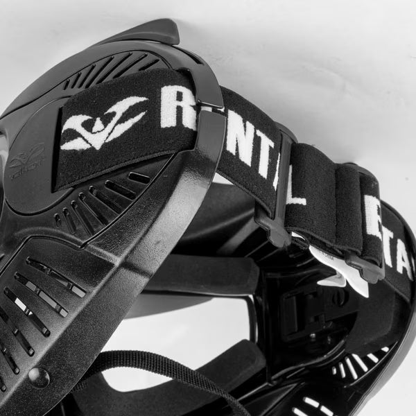 Back view of Valken MI-3 paintball mask with chin strap and head support
