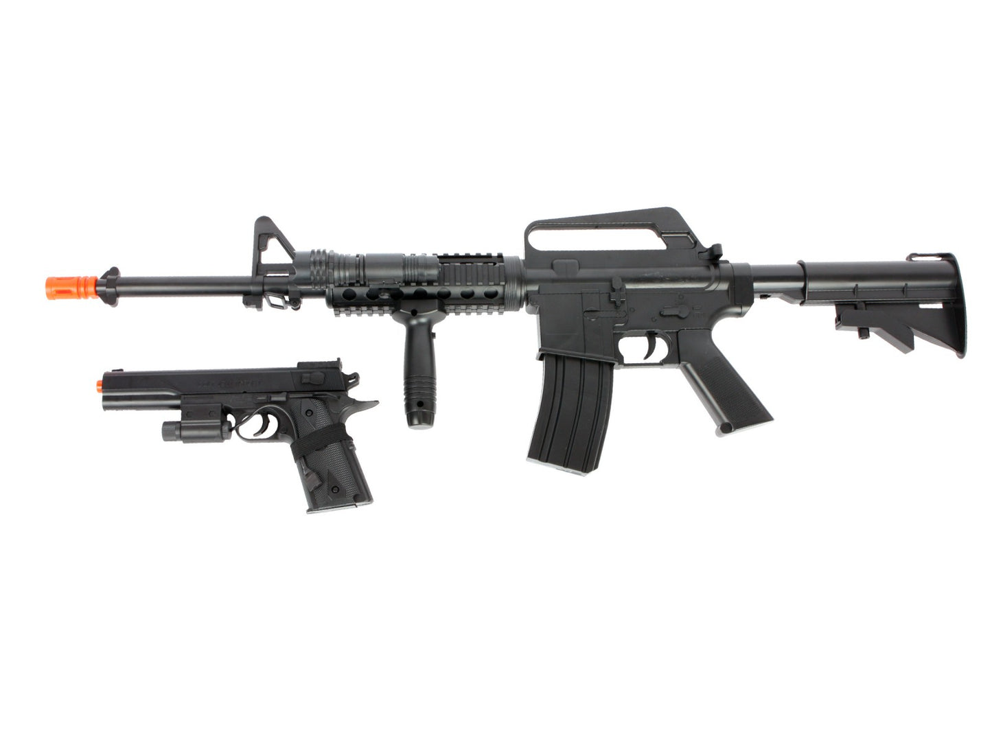P1136 Spring Airsoft Rifle and Pistol Combo by UKARMS with tactical accessories β black rifle and compact sidearm set for backyard and beginner airsoft play