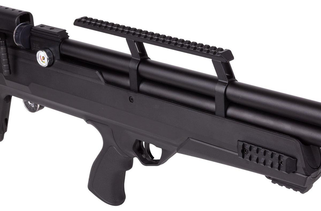 Air Venturi Avenger Bullpup .177 Cal PCP Air Rifle top, side, bottom rail, trigger, pistol grip, rotary magazine, and pressure gauge