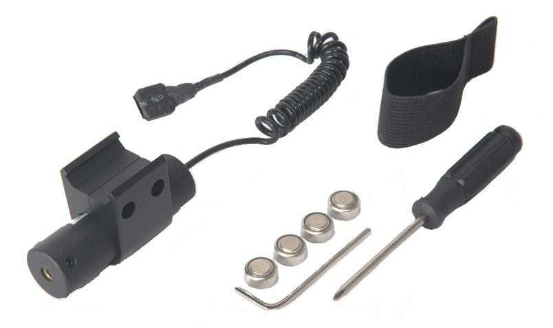 Full tactical kit for Double Eagle UK-LA30 laser including the metal laser unit, remote pressure pad, standard tail cap, adjustment hex keys, and LR44 batteries.