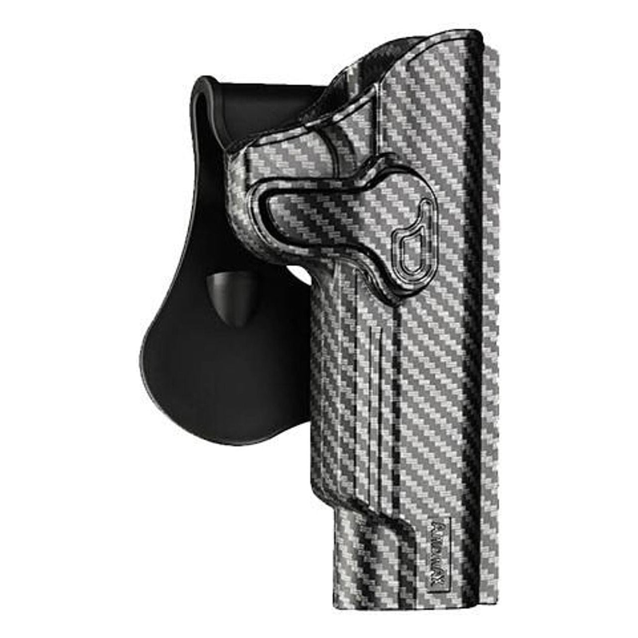 Amomax 1911 Right Handed Holster with a sleek carbon fiber finish. The holster features high-durability injection-molded polymer construction, a 360-degree rotating design, and is compatible with various mounting platforms. Designed for 1911 pistols.
