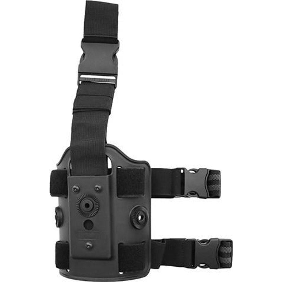 "Image of the Amomax Drop-Leg Platform Holster in black. The holster features durable polymer construction with adjustable straps and buckles for a secure and customizable fit. It has a drop-leg design with a sleek black finish, providing compatibility with IMI-Type fittings and Amomax holsters and magazine pouches