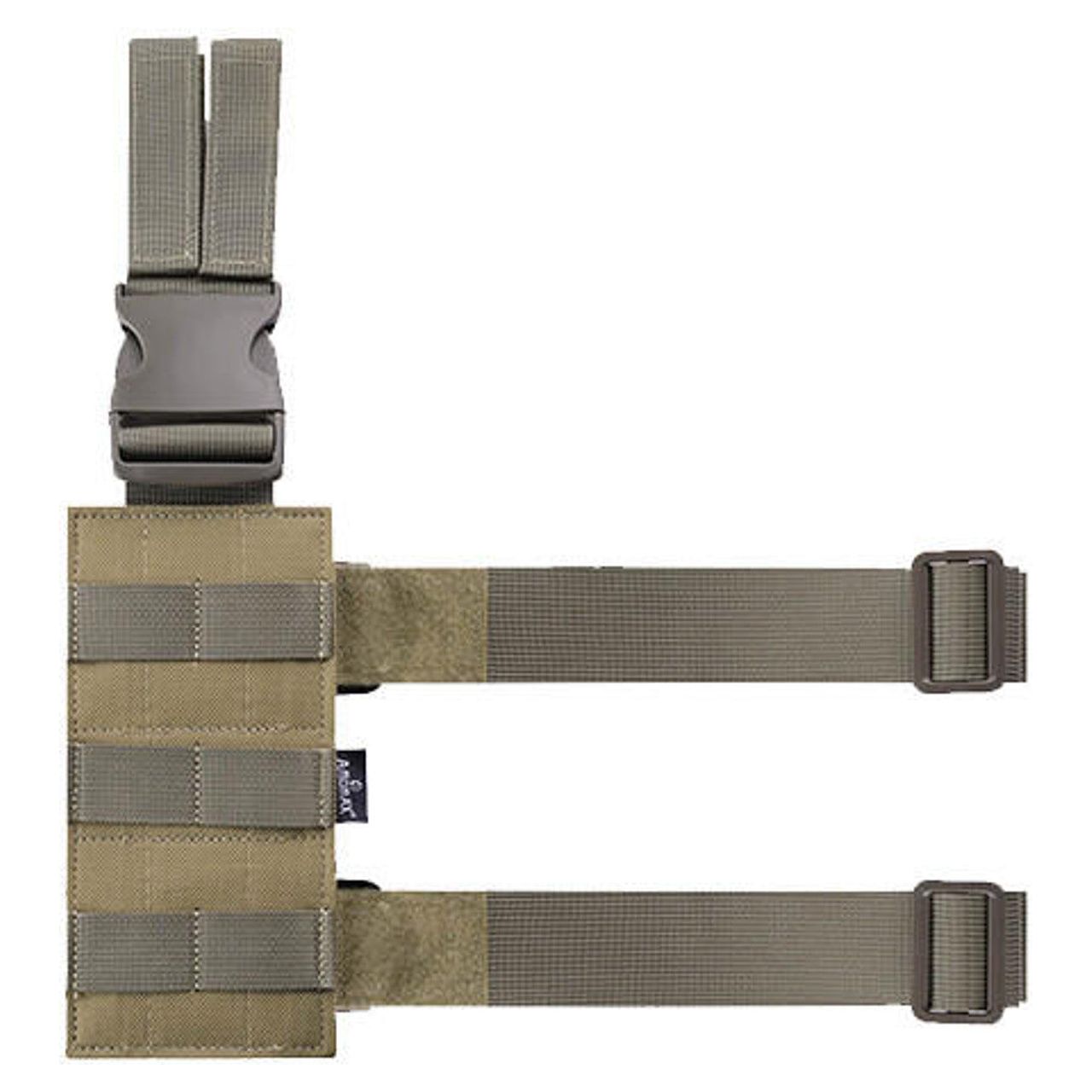 Flat Dark Earth (FDE) Amomax fabric drop leg plate, featuring durable nylon construction, adjustable leg straps with quick-release buckles, and versatile mounting options for secure and reliable carry.