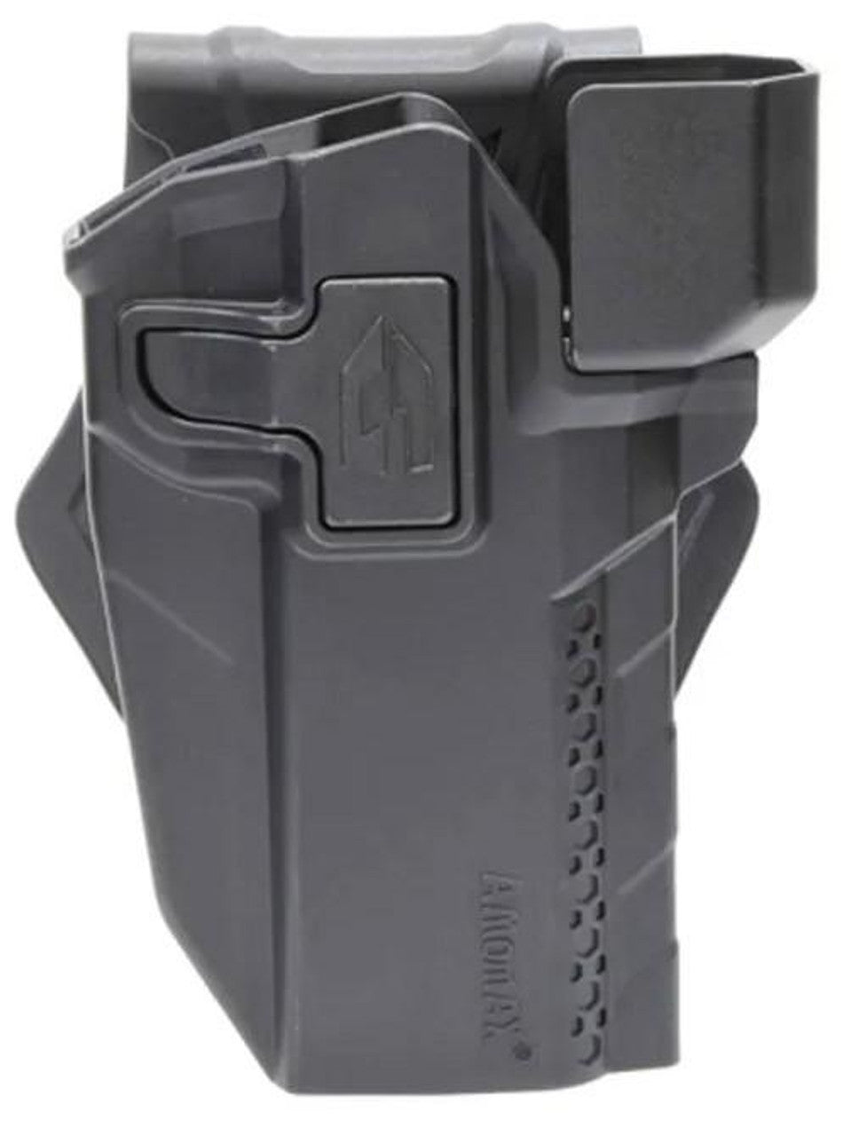 "Black Amomax Gen 2 Rigid Holster for 1911 pistols, featuring a red dot sight cover for added protection, adjustable retention, and versatile mounting options.
