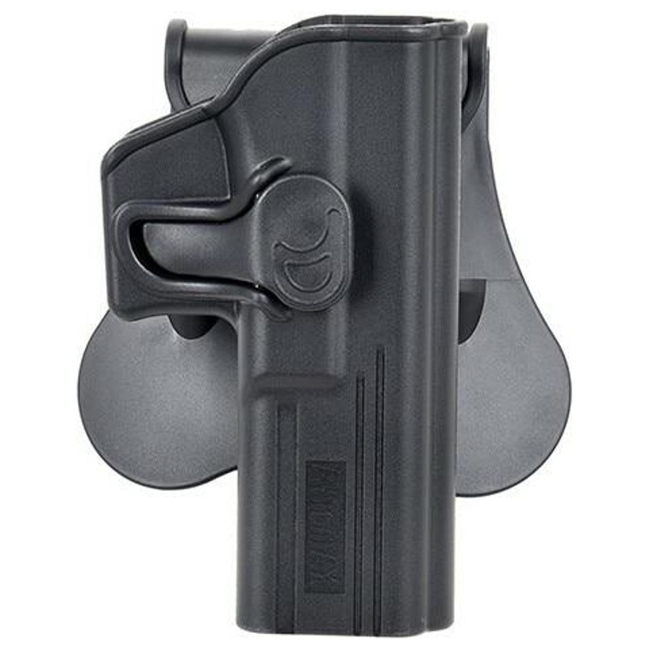 Black Amomax Gen 2 rigid holster for Glock 17 pistols, featuring durable polymer construction, adjustable 360-degree rotation, and secure locking retention for versatile and reliable carry.