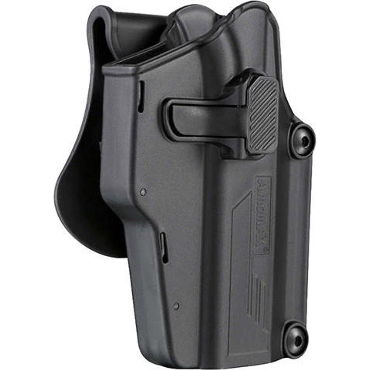 Amomax Per-Fit Holster in black for G-Series GBB pistols. The holster features durable polymer construction, adjustable retention system, and versatile mounting options, providing a secure and customized fit