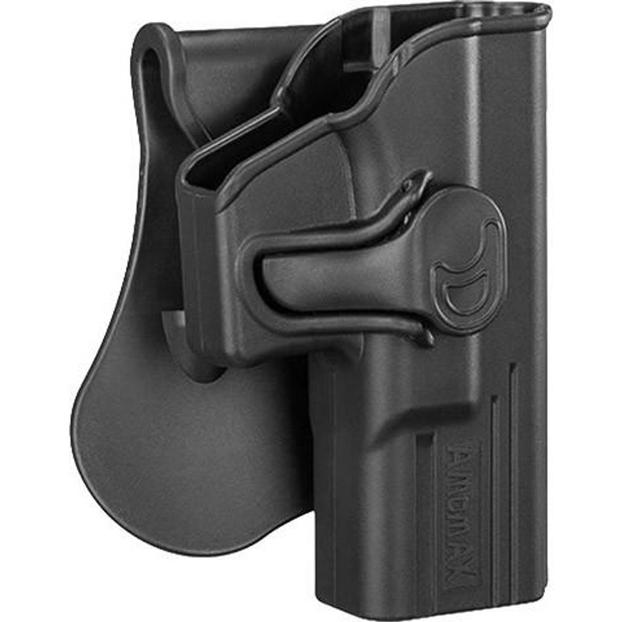 "Black Amomax right-handed tactical holster for Glock 19/23/32, featuring durable polymer construction, integrated locking button, and adjustable angle for secure and ergonomic carry