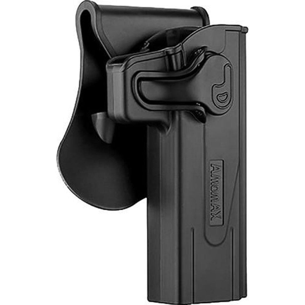 "Image of the Amomax Tactical Holster in black for STI-Hi Capa 2011 series pistols. The holster features durable polymer construction, adjustable retention system, 360-degree rotation capability, and versatile mounting options, providing a secure and customizable fit.