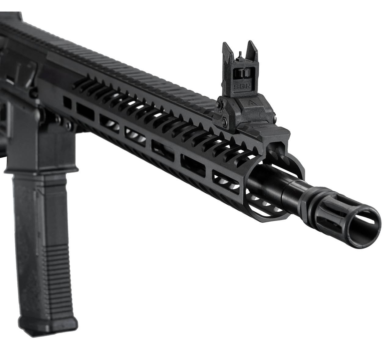 Angled front view of the Arcturus MOD2 Carbine, focusing on the 12.2" M-LOK rail system and mock suppressor flash hider.