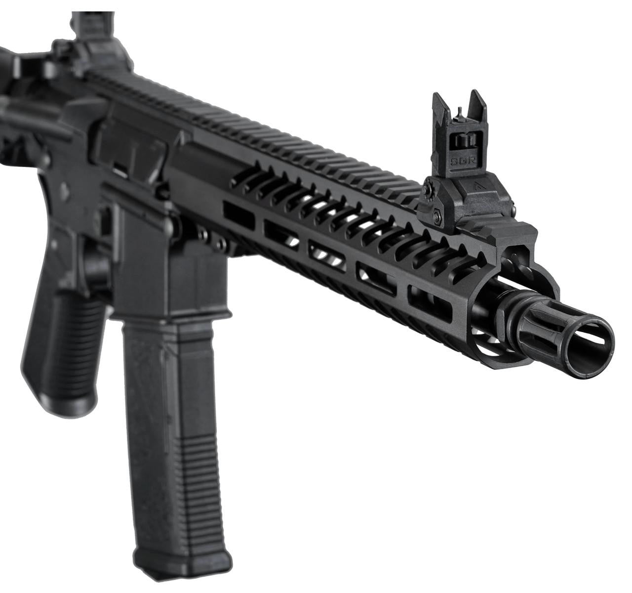Close-up of Arcturus MOD2 Minimalist CQB 10-inch AEG Rifle showing iron sight, muzzle, airsoft magazine, and pistol grip