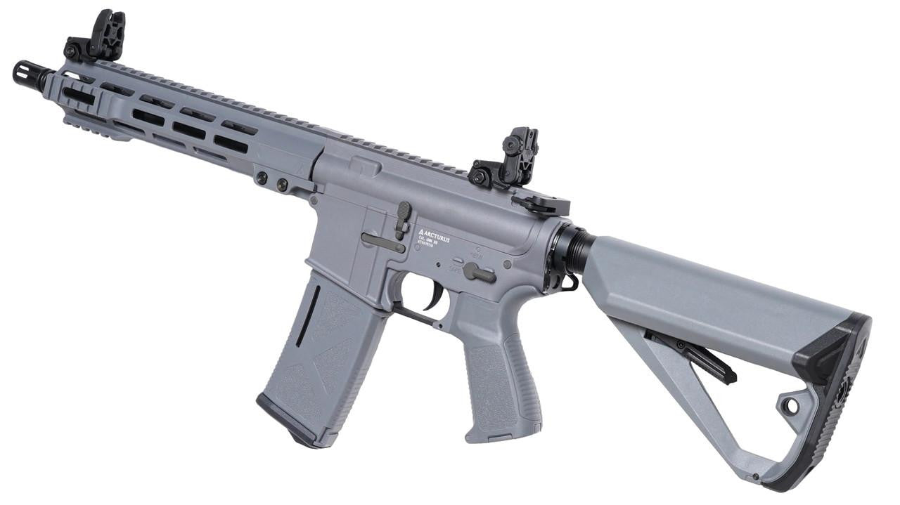 Arcturus LWT MK-I CQB 10" AEG airsoft rifle grey side profile with M-LOK rail left angle view of the rifle stock, iron sight, muzzle, magazine, firing mode switch