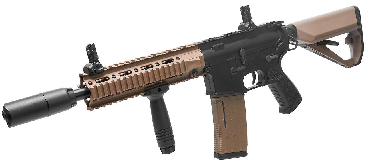 Arcturus LWT MK-II CQB 10" AEG airsoft rifle black/tan left angle view of muzzle, magazine, iron sight, rifle stock, trigger, and pistol grip