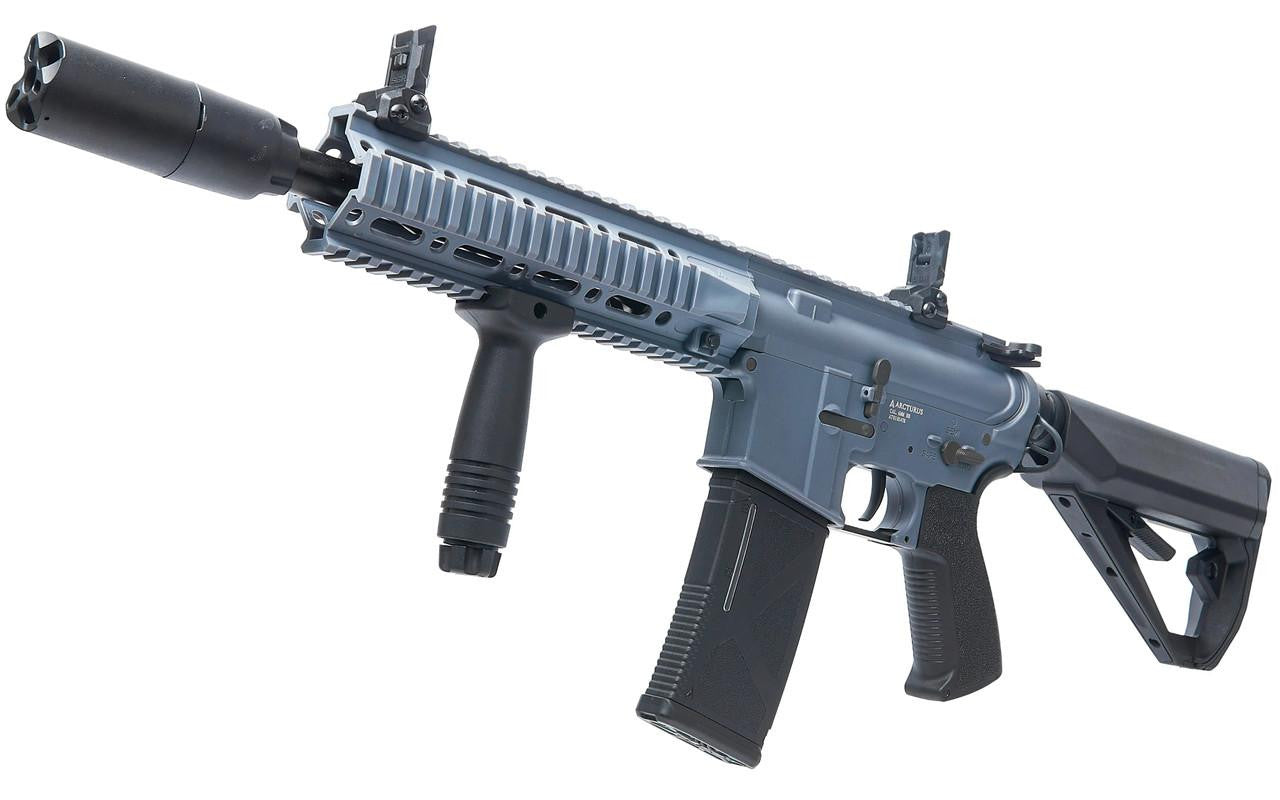 left angle view of the Arcturus LWT MK-II CQB 10" AEG Rifle showing muzzle, iron sight from front and back, foregrip, magazine, trigger, pistol grip, and stock