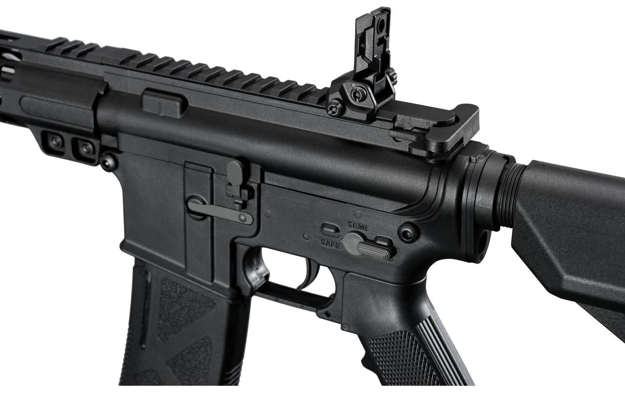 Arcturus NEO MOD1 SBR 7.9-inch AEG ME Airsoft Rifle in black view of the iron sight, stock, trigger, firring mode switch