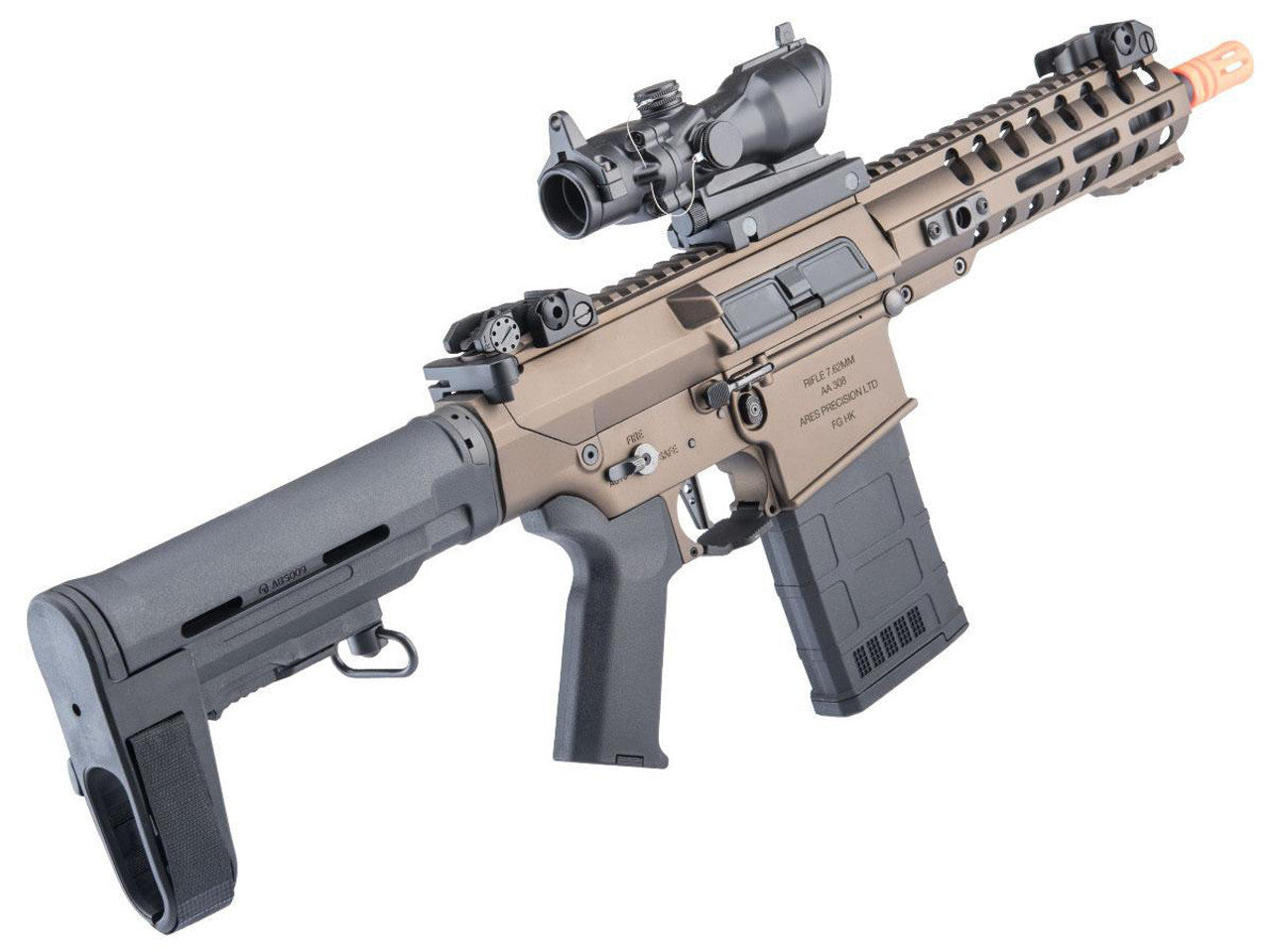 ARES 308S Airsoft AEG Rifle in Tan/Black with bronze accents right side view of stock, pistol grip, magazine,