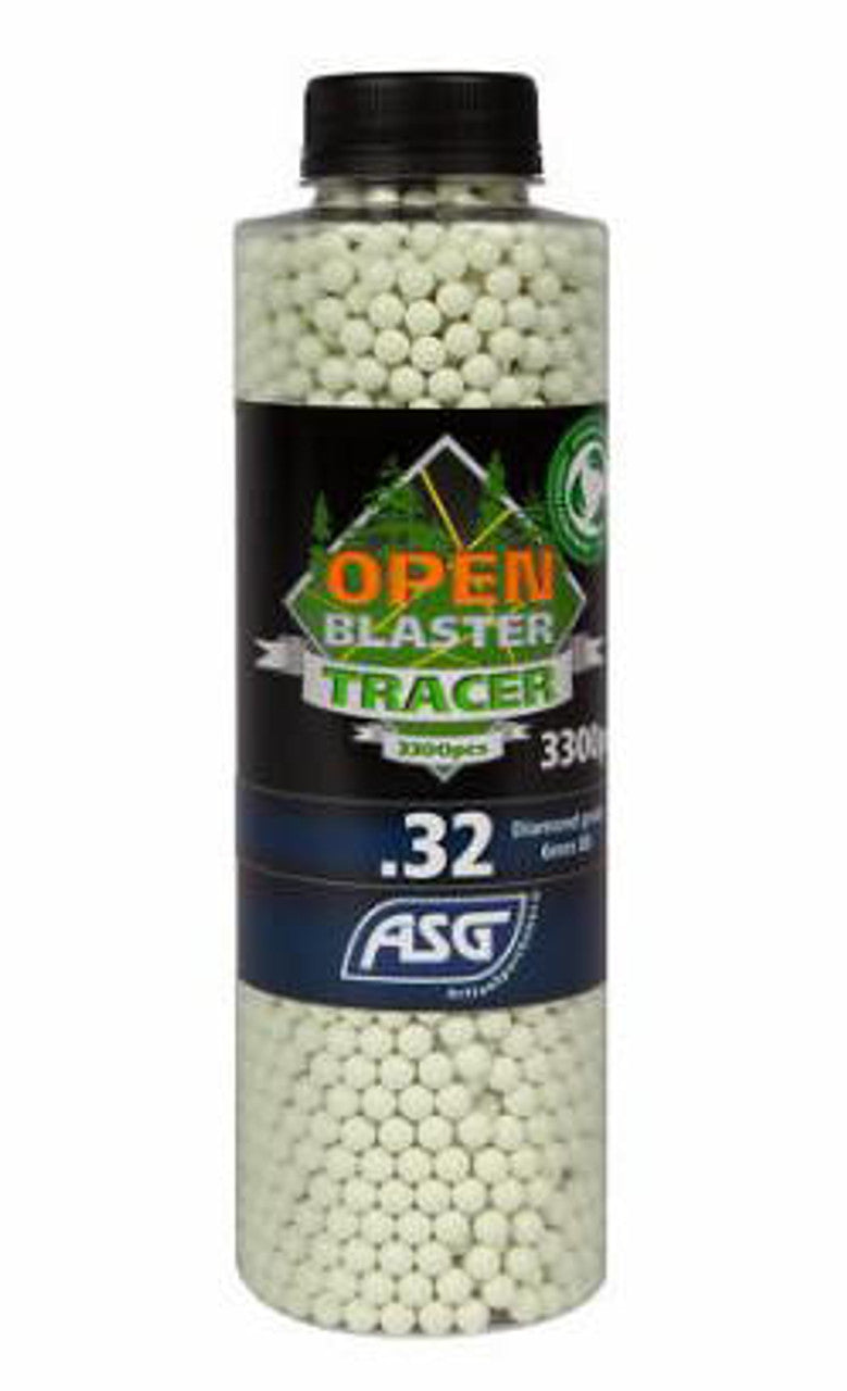 ASG 0.32g Open Blaster Tracer Airsoft BBs, 2000 rounds in a resealable pack, green tracer glow, high-precision BBs for night games.