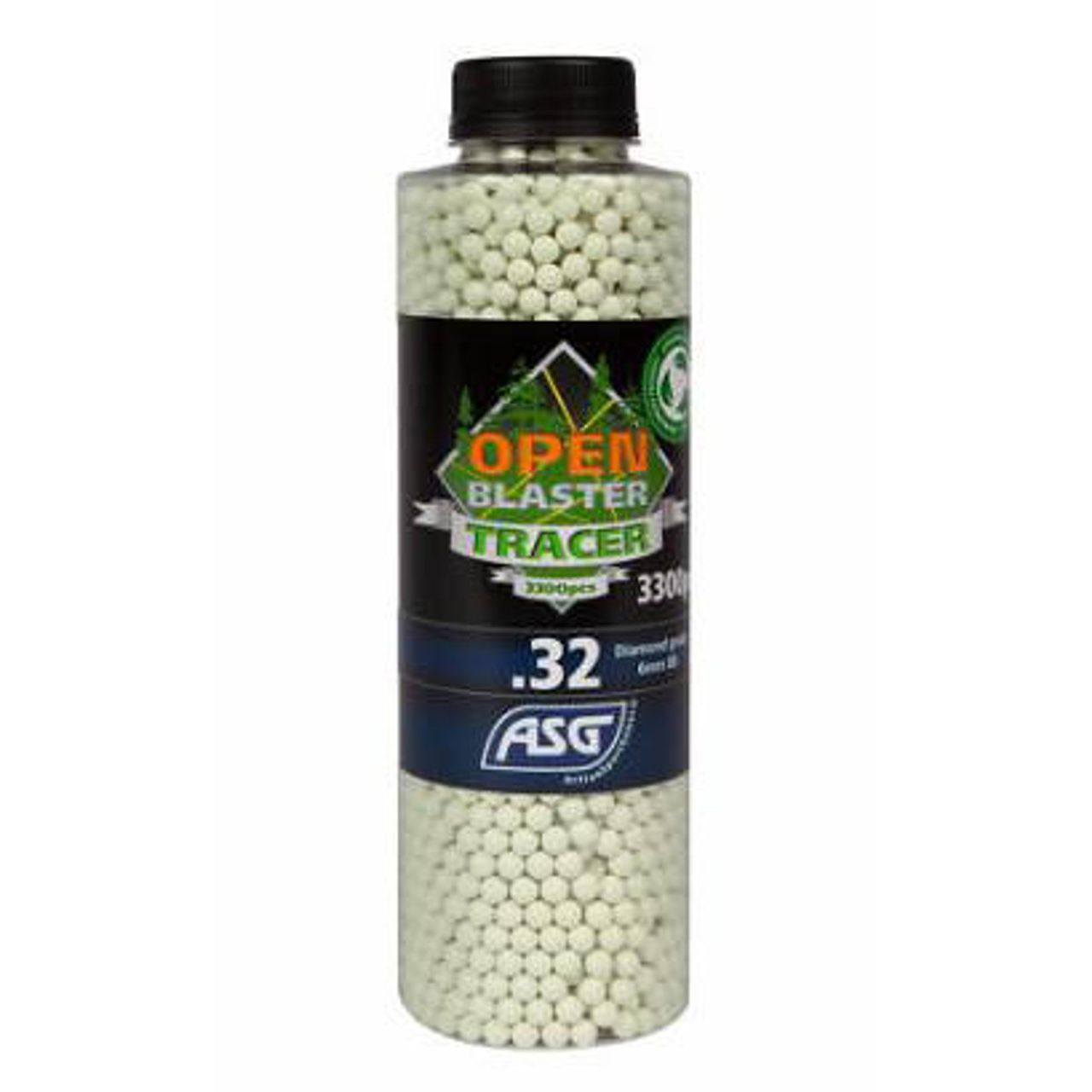 ASG 0.32g Open Blaster Tracer Airsoft BBs, 2000 rounds in a resealable pack, green tracer glow, high-precision BBs for night games.