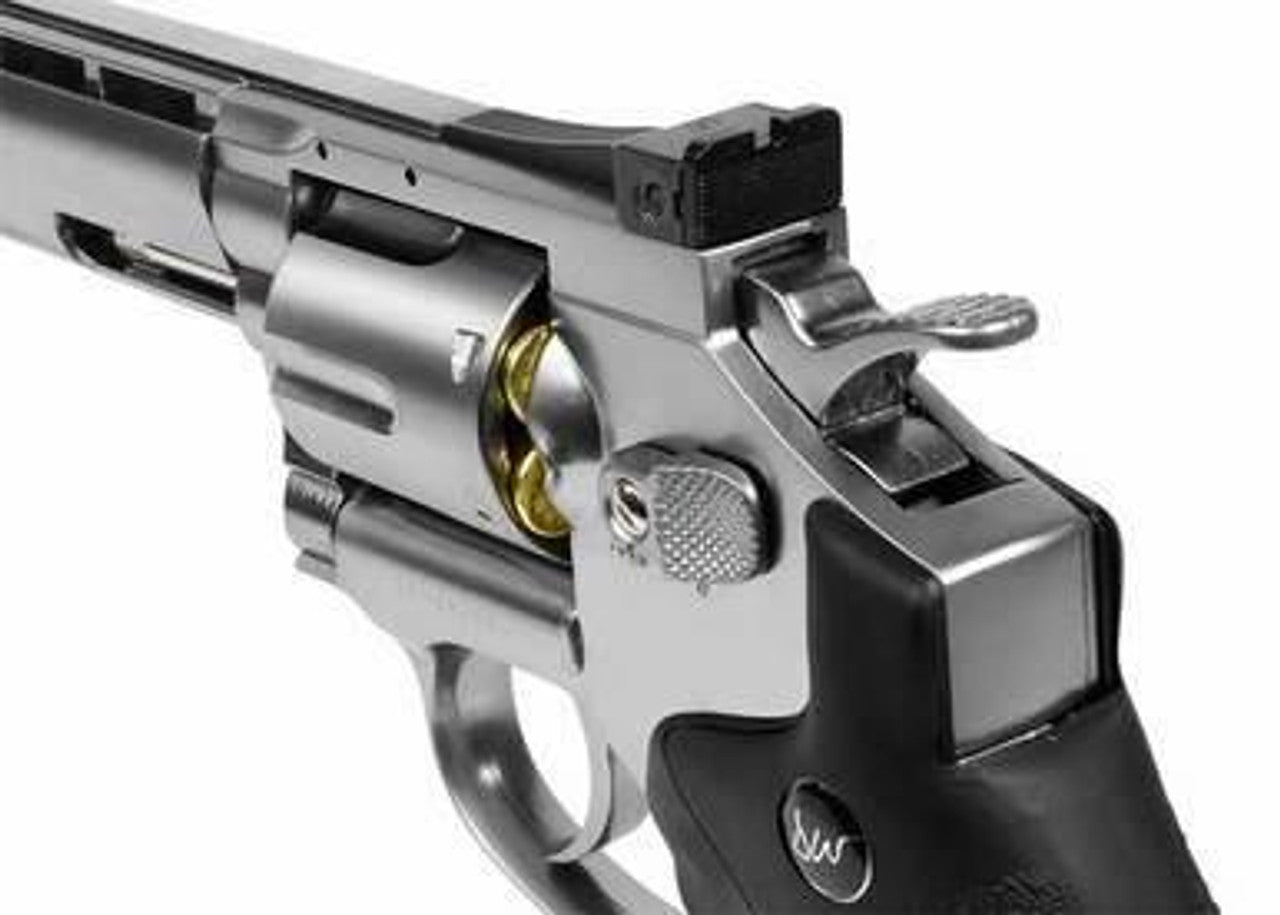 ASG Licensed Dan Wesson 6” .177 BB Gun back view of the hammer, rear sight, and rotating chamber