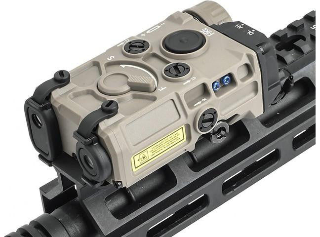 Dark Earth nylon polymer ET OGL airsoft module featuring a visible green laser, covert IR laser, and white LED flashlight.