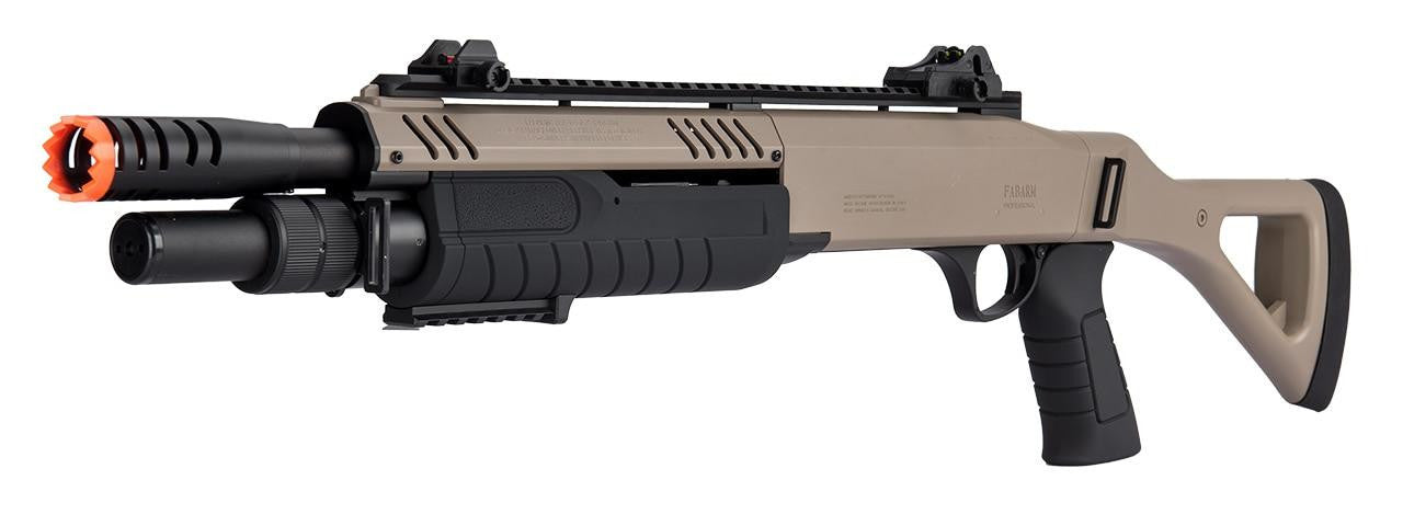 BO Manufacture FABARM STF12 11" Barrel Pump Action Airsoft Shotgun with view of Barrel, Hand Grip, and Stock