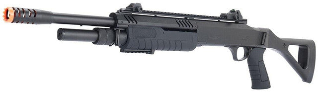 Close-up view of FABARM STF12 airsoft shotgun stock and pump mechanism"