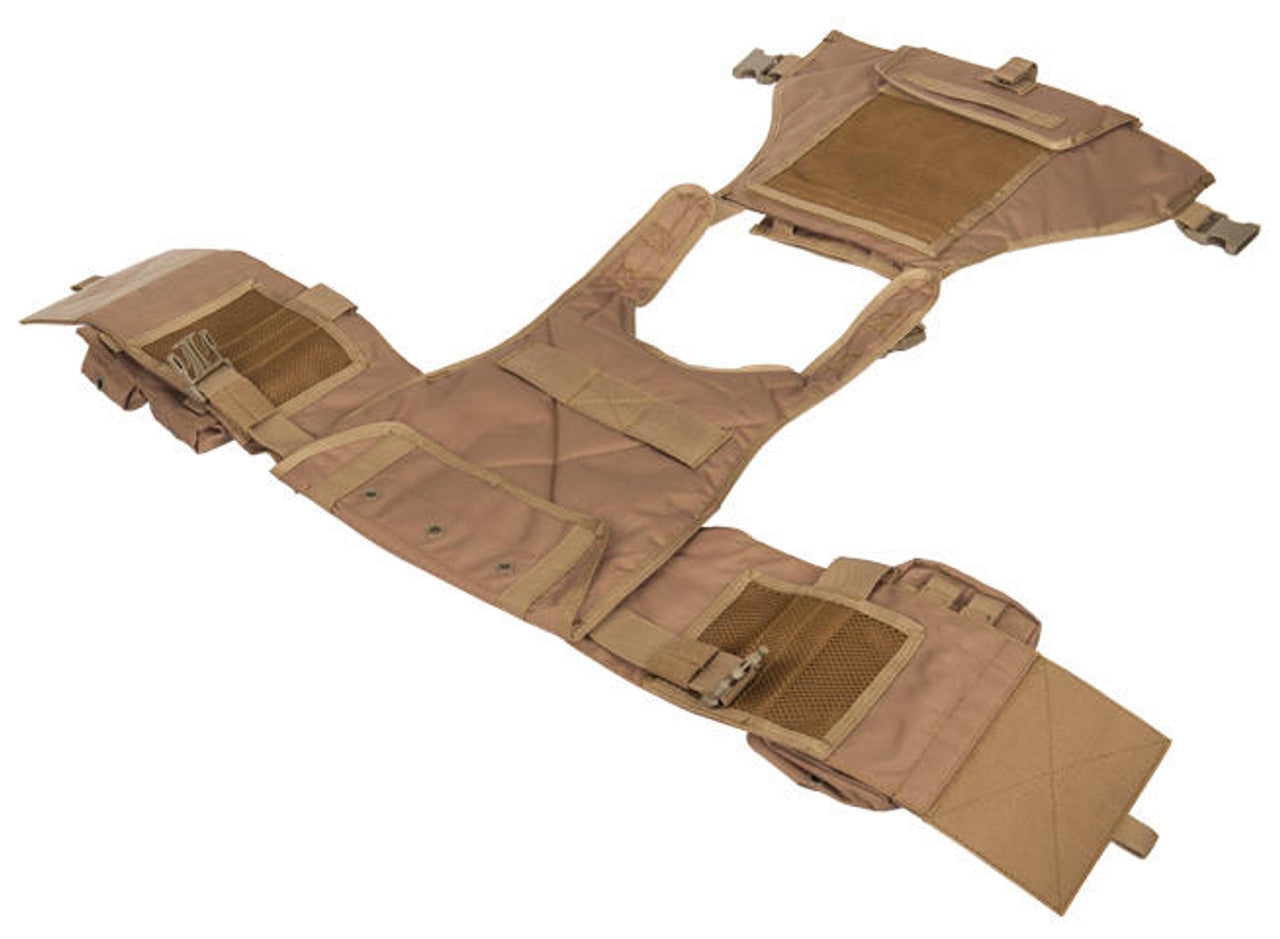 Lancer Tactical Assault Airsoft Tactical Vest in Coyote Brow, View of Airsoft Vest Opened and Laid down on the ground