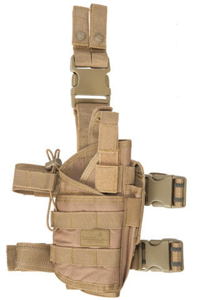 "Tan Lancer Tactical 322KN Tornado Drop Leg Holster, featuring adjustable straps, durable 600D nylon material, MOLLE compatibility, and universal fit for medium to large pistols, including those with attachments