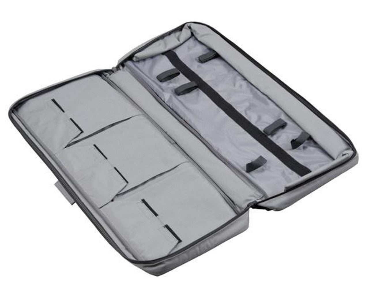 Code 11 grey 36-inch rifle bag with MOLLE panel - Interior view of pockets and straps