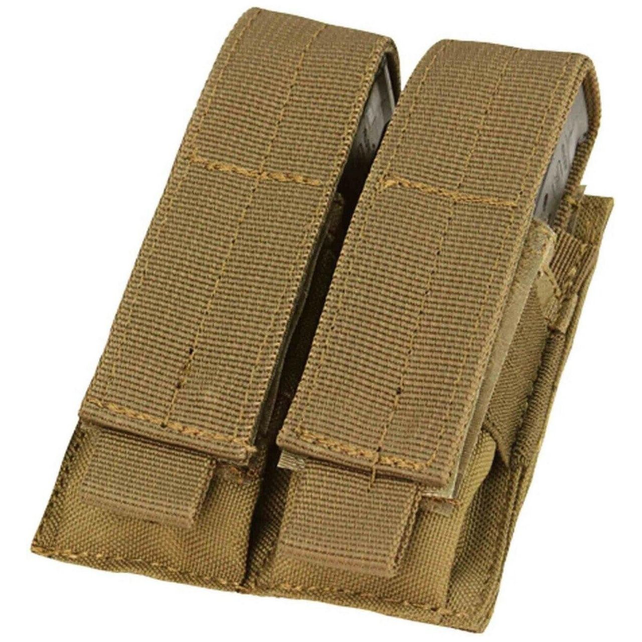 "Condor Double Pistol Magazine Pouch in Coyote, designed to hold two pistol magazines, featuring durable construction, adjustable and removable hook-and-loop flap, elastic retention keeper, and MOLLE compatibility.