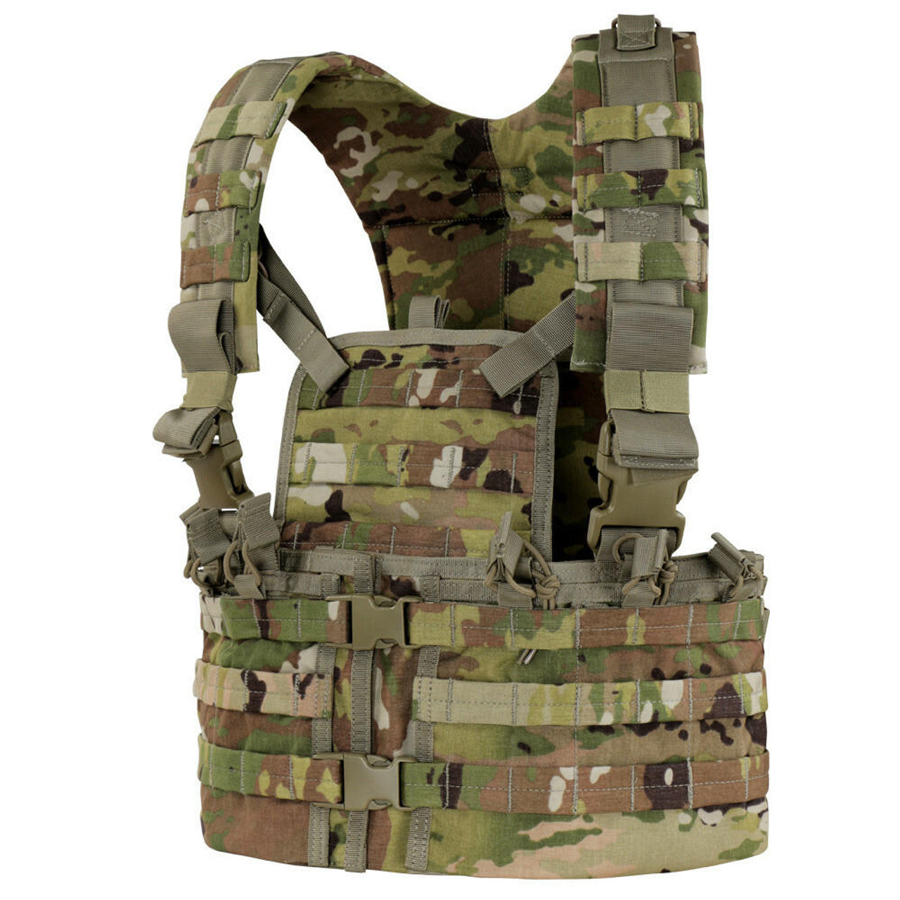 Close-up of Chest Rig: "Condor Modular Chest Set in Scorpion OCP showing adjustable straps and modular pouches
