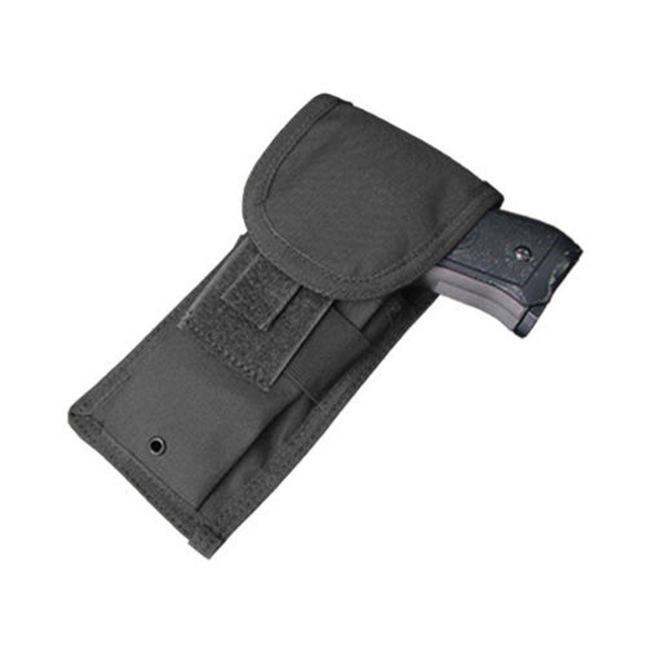 Condor Modular Pistol Holster in Black, featuring adjustable straps, MOLLE webbing for versatile attachment, a quick-release buckle, and a retention strap with snap closure, made from durable nylon material