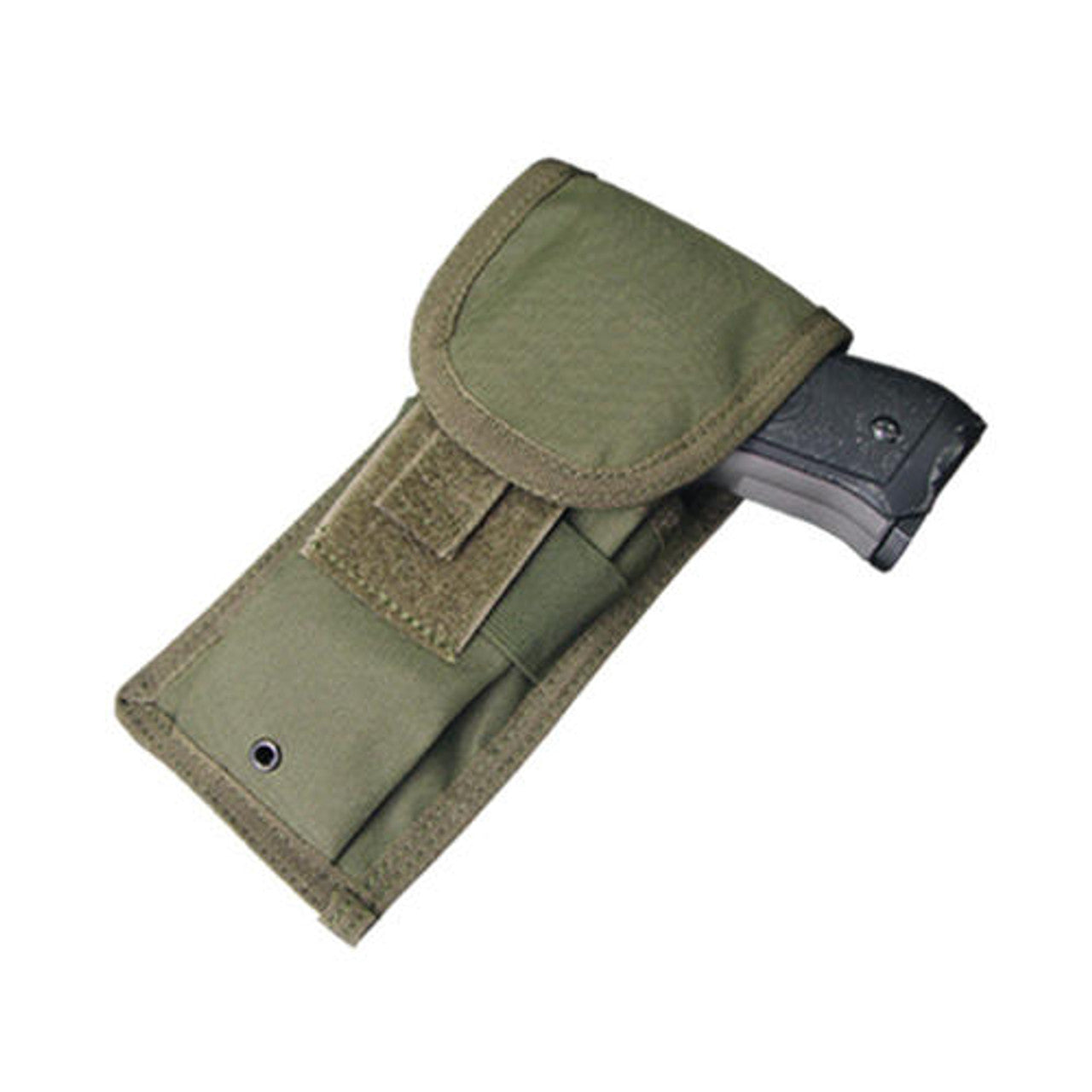 "Image of the Condor Modular Pistol Holster in OD Green, featuring adjustable straps, MOLLE webbing for versatile attachment, a quick-release buckle, and a retention strap with snap closure, made from durable nylon material