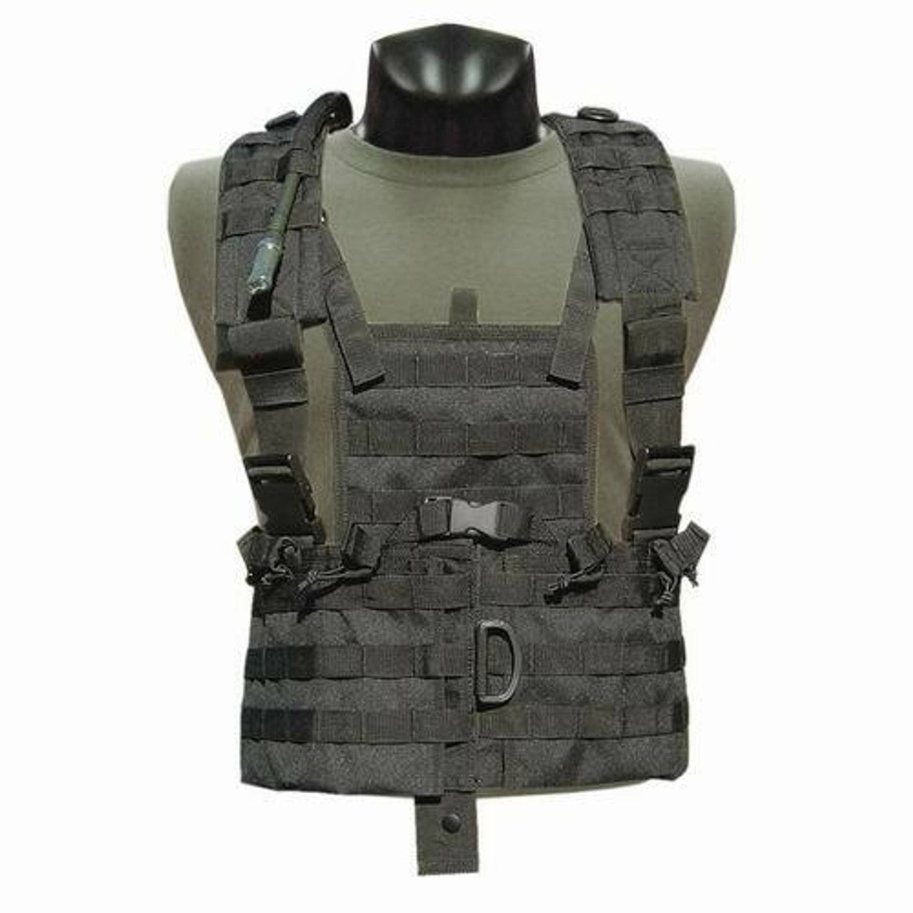 Condor MOLLE Modular Chest Rig/Hydration Carrier in Black worn by tactical operator with hydration system attached