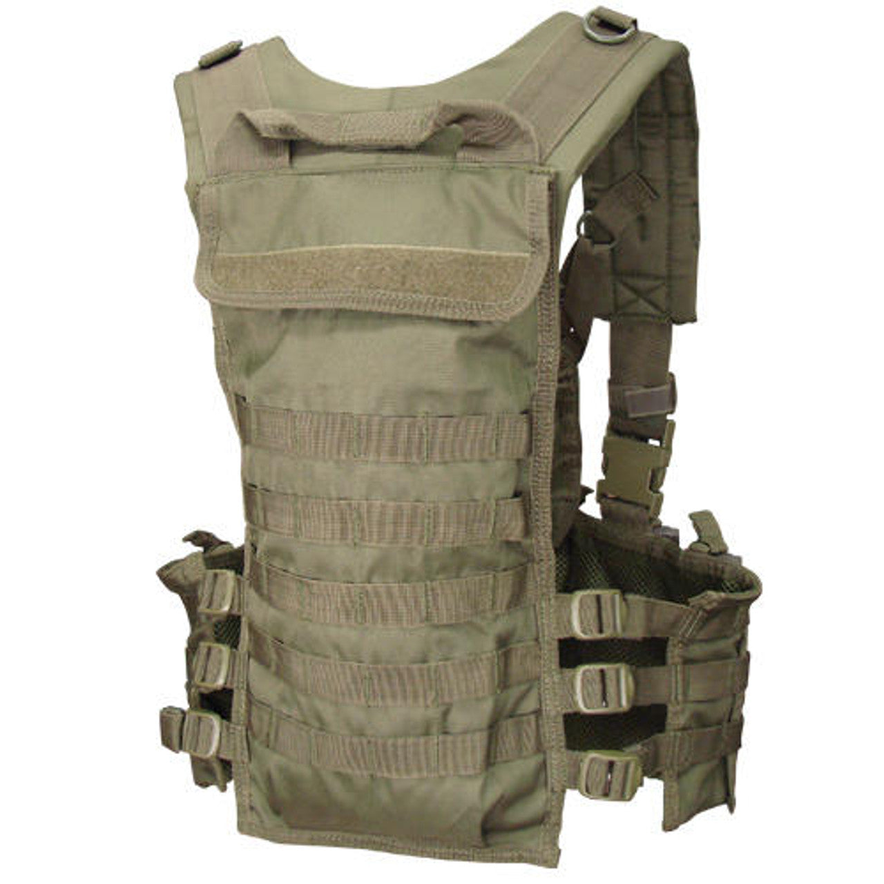 Condor MOLLE Modular Chest Rig in OD Green showing adjustable straps, multiple MOLLE attachment points, and hydration bladder compartment