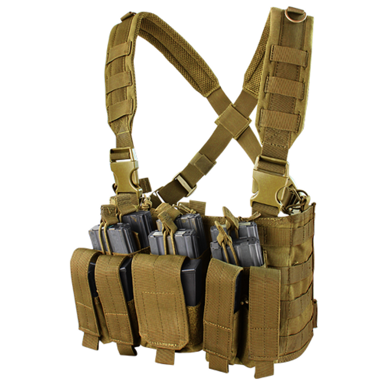 Close-up of Chest Rig: "Condor MOLLE Recon Chest Rig showing MOLLE webbing system and adjustable straps
