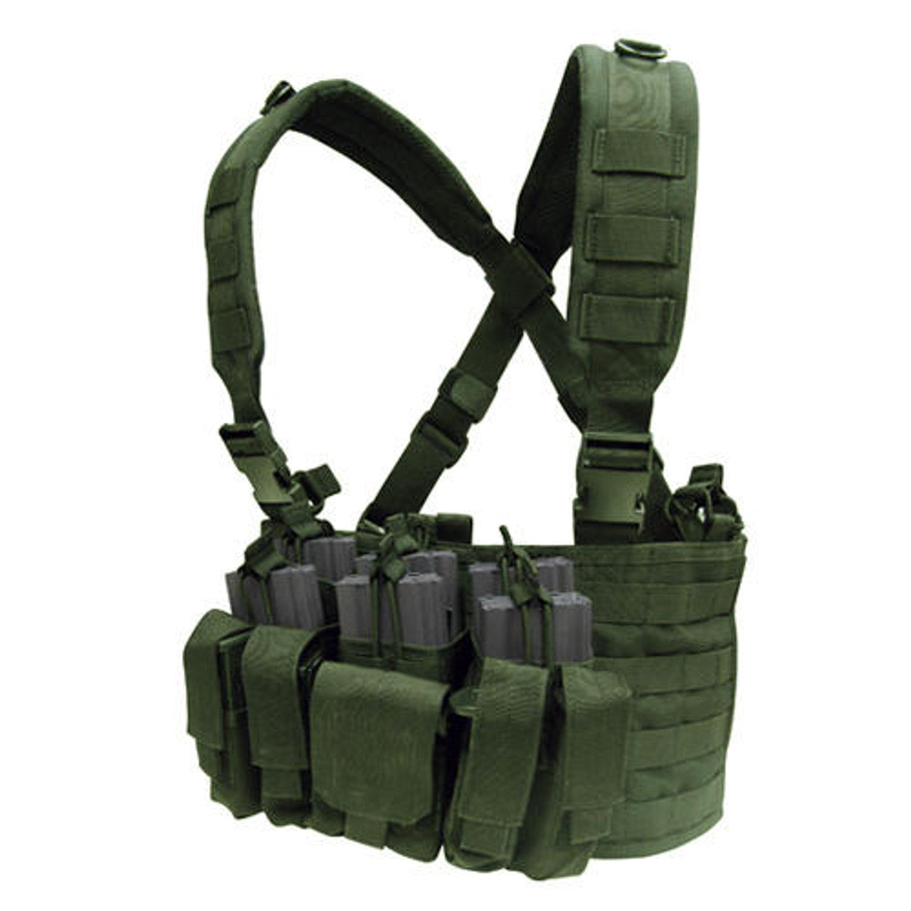 Condor MOLLE Recon Chest Rig in OD Green front view with integrated magazine pouches