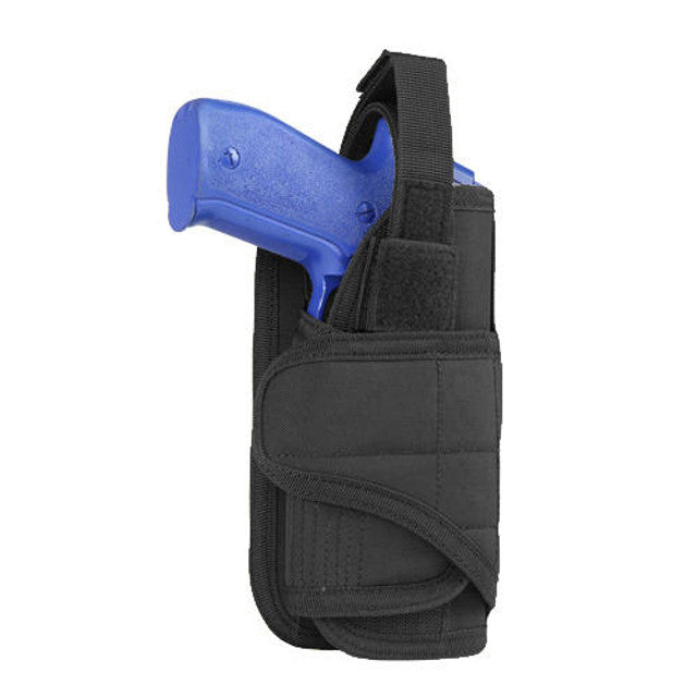Condor MOLLE Vertical Pistol Holster in Black, featuring an adjustable thumb break strap, retention bungee cord, and MOLLE compatibility for secure and versatile pistol carry.