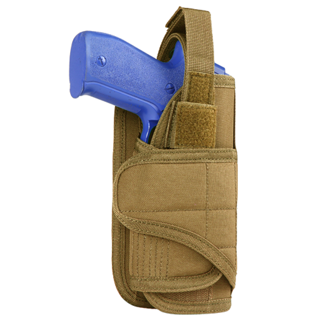 Condor MOLLE Vertical Pistol Holster in Coyote, featuring an adjustable thumb break strap, retention bungee cord, and MOLLE compatibility, designed for secure pistol carry