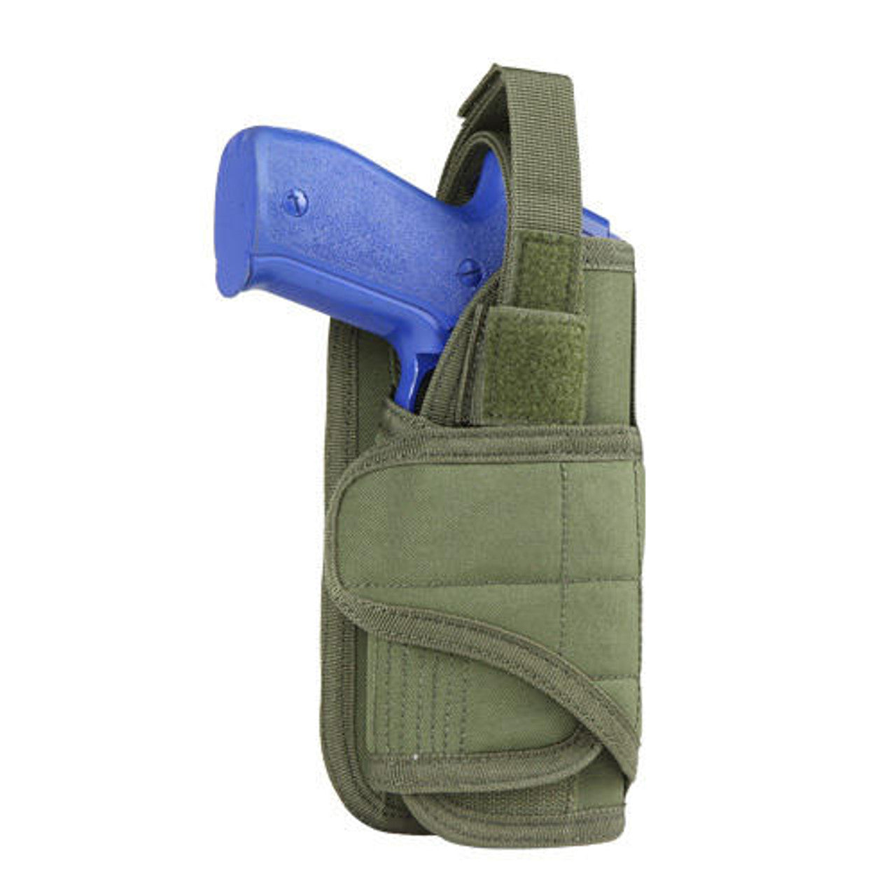 Condor MOLLE Vertical Pistol Holster in OD Green, featuring an adjustable thumb break strap, retention bungee cord, and MOLLE compatibility for secure and versatile pistol carry