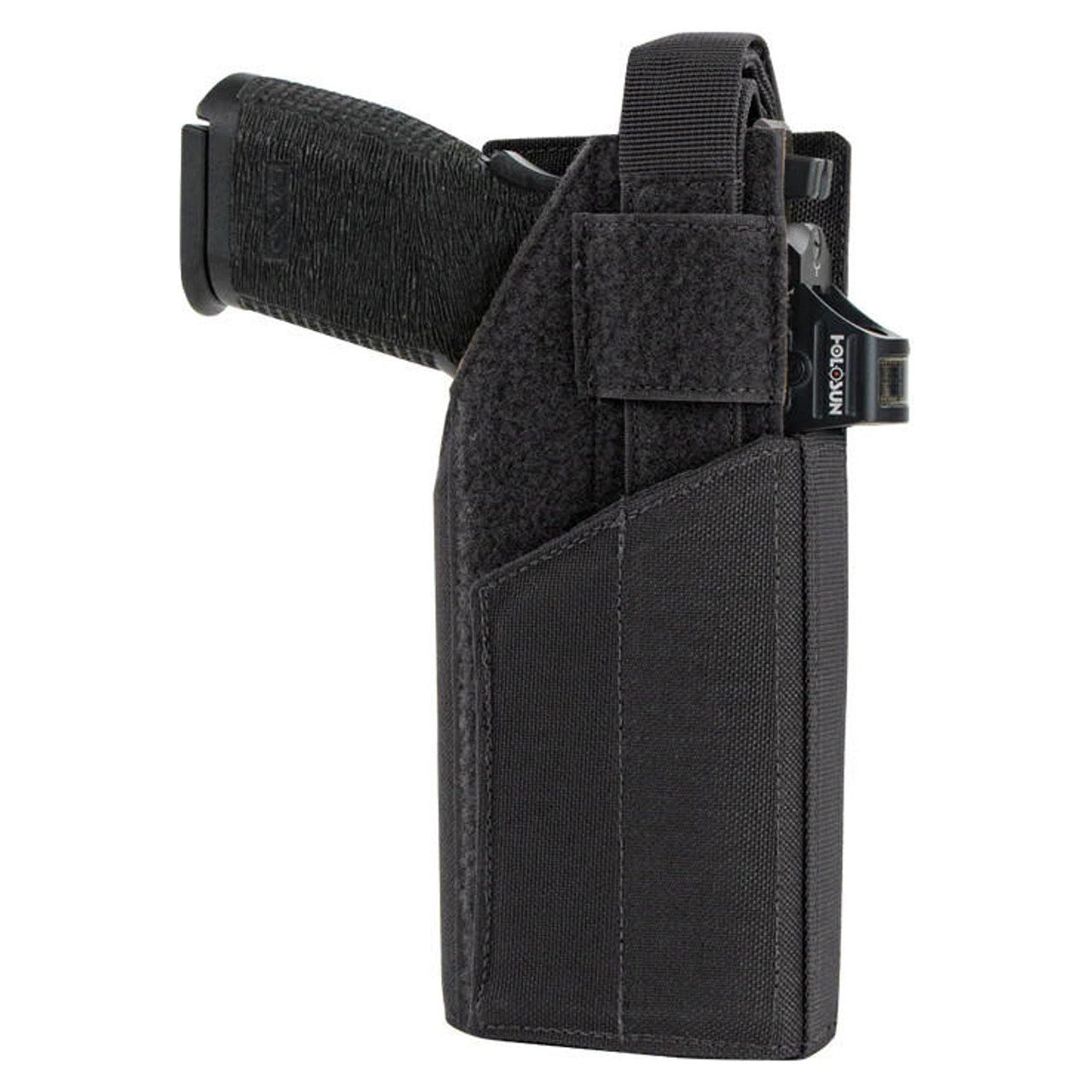 Condor RDS Holster in black, designed for pistols with red dot sights. The holster features a durable nylon construction with reinforced stiffeners, a wrap-around design, and an adjustable/removable thumb break for added security