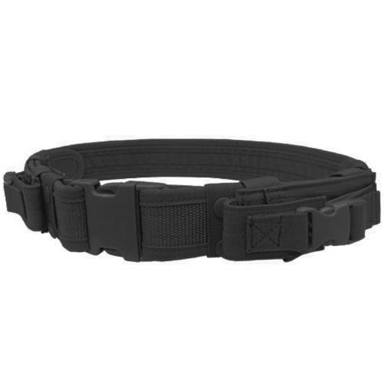 "Condor Tactical Belt in Black with Dual Pistol Mag Pouches, featuring a durable nylon design, quick-release buckle, and adjustable fit for tactical use