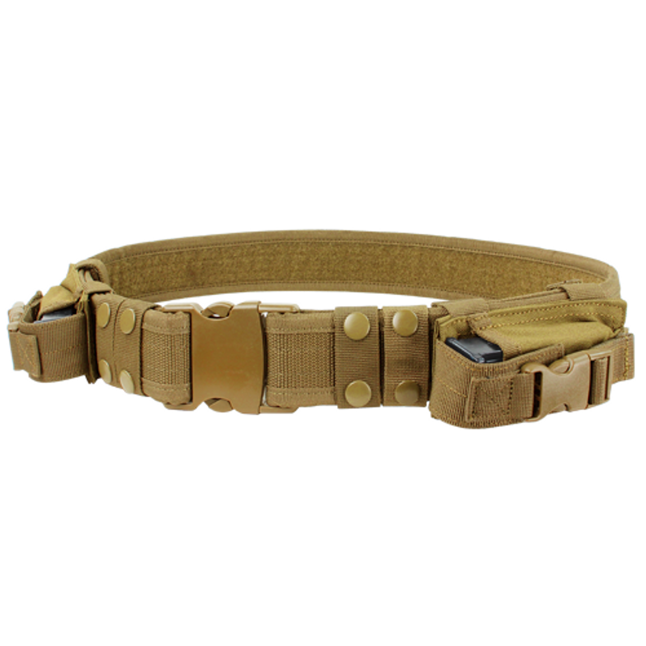 Condor Tactical Belt in Coyote Brown with Dual Pistol Mag Pouches, made of durable nylon with a quick-release buckle and adjustable fit for outdoor and tactical use.