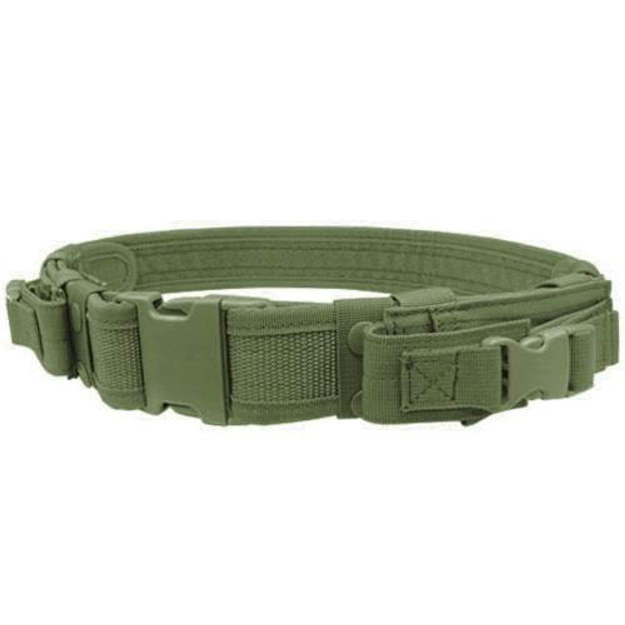 Condor Tactical Belt in OD Green with Dual Pistol Mag Pouches, featuring a heavy-duty nylon construction and quick-release buckle for outdoor and tactical use.